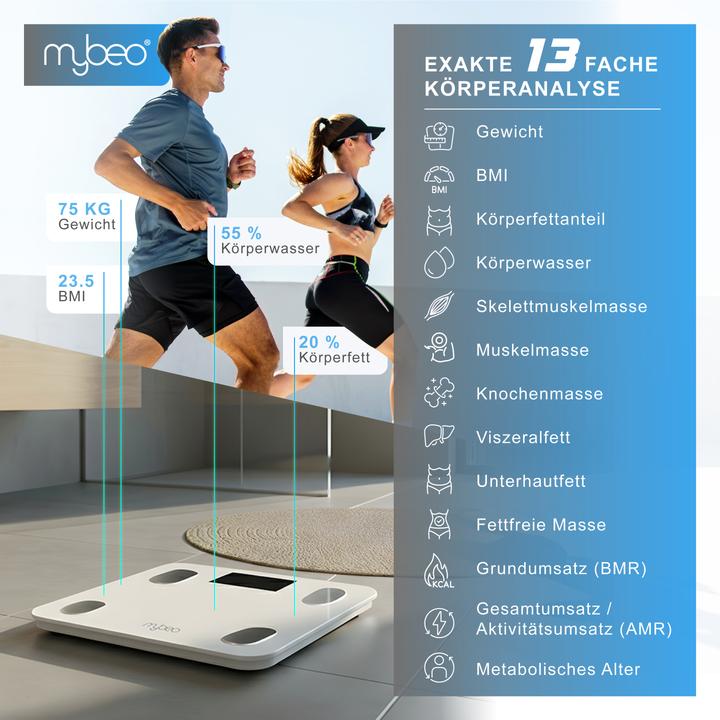 Produktbild Mybeo Körperwaage smart mit Bluetooth, Farbdisplay, Trend-Diagramm, Appsteuerung OKOK, weiss, max. 180kg (180 kg)
