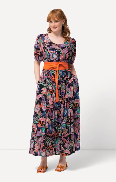 Produktbild Ulla Popken Kleid, Blätter, Leinenmix, Rundhals, Halbarm (58)