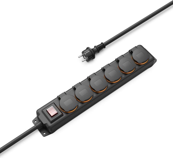 Produktbild Hama Steckdosenleiste, 6-fach, für aussen IP44, Schalter, Wandmontage, 2 m, Schw. (6x, 2 m)