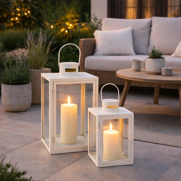 Produktbild Mojawo 2tlg Metall Laternen Set Cremeweiss Gartenlaterne Windlicht ca.H34/47cm