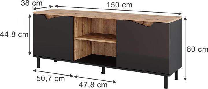 Image du produit Vichy Lowboard Marelle, Anthrazit/Artisan/Artisan, 150 x 60 cm mit 2 Türen