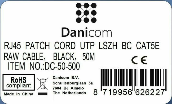 Produktbild Dsit CAT5e Netzwerkkabel, U/UTP, 50 Meter, Schwarz, 100% Kupfer (UTP, CAT5e, 50 m)