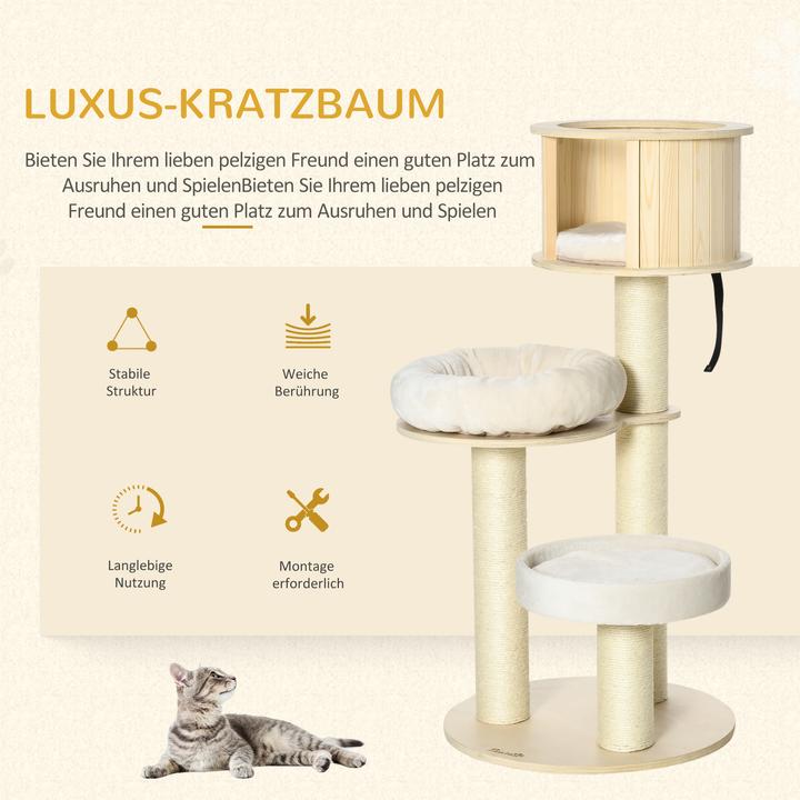 Produktbild PawHut Kratzbaum mit drei Ebenen (122 cm, Natur+Creme)