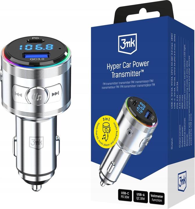 Immagine prodotto 3MK Hyper Car Power Transmitter 48W QC PD PPS USB-C/USB-A con trasmettitore audio Argento