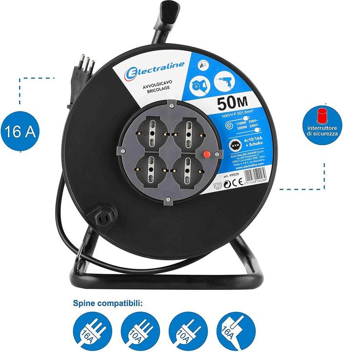 Actual product image Electraline Cable reels 2 Sockets+ 2 Schuko 10/16A+T 3x1,5 (50 m, 1.50 mm²)