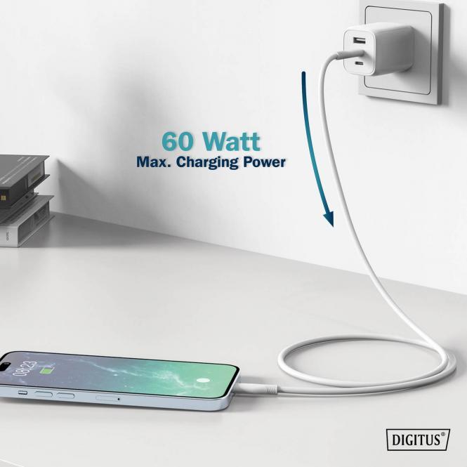 Produktbild Digitus USB-C Silikon Anschlusskabel, 0,5m, weiss (0.50 m, USB 2.0, 60 W)