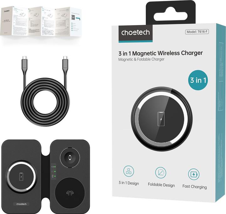 Produktbild Choetech T616-F 3in1 inductive charger compatible with Apple and Samsung devices - black (15 W)