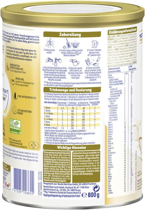 Valeurs nutritives et ingrédients Beba Suprême 1 Plv (994 g, dès la naissance)