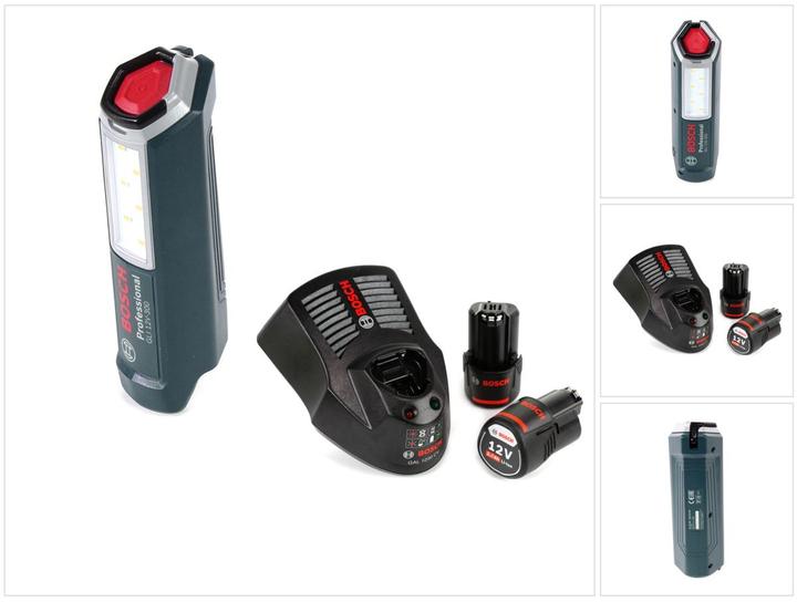 1x Bosch Professional GLI 12V-300 battery lamp, 2x Bosch GBA 2.0 Ah battery, 1x Bosch GAL 1230 charger
