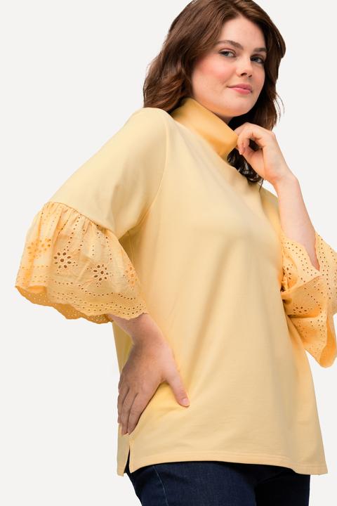 Image du produit Ulla Popken Sweat-shirt à col montant et manches 3/4, dentelle et coton bio (50, 52)