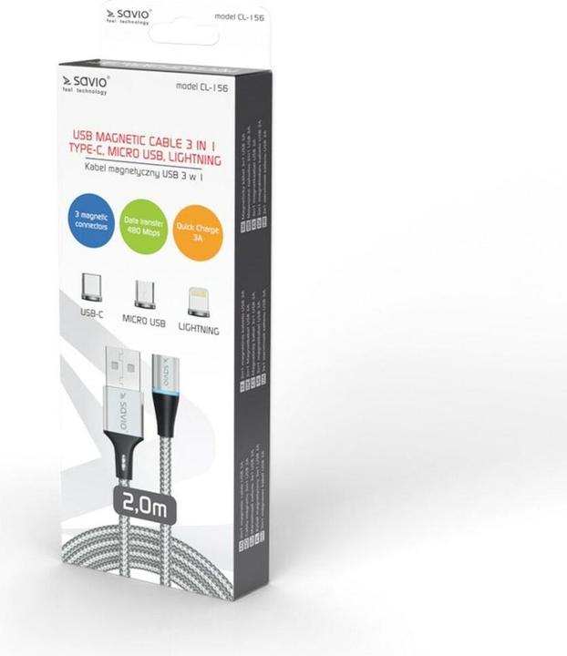 Actual product image Savio CL-156 USB cable 2 m USB 2.0 USB C Micro USB A/Lightning Silver (2 m, USB 2.0)