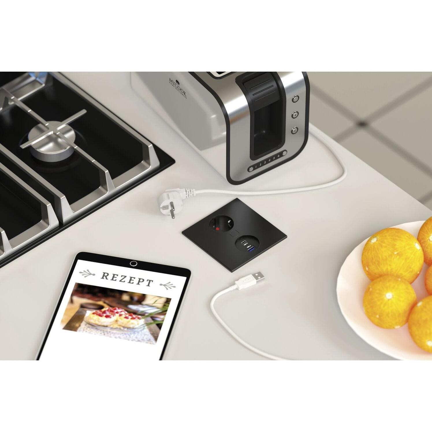 Thumbnail - HPF, Steckdose, Einbausteckdose Duplex, 1 Stk. Schukosteckdose, + USB-Charger, schwarz