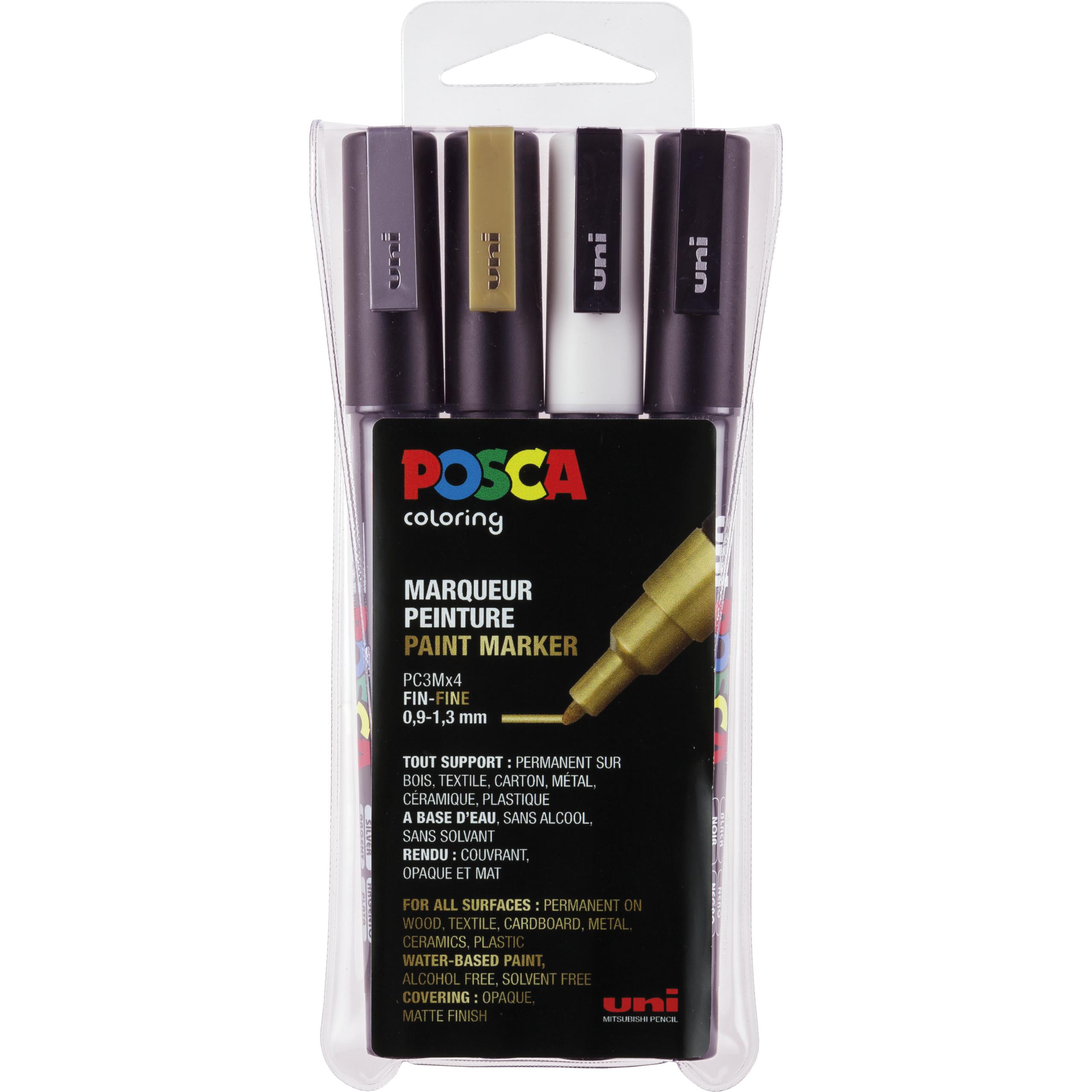 Posca, Marker, Marker PC-3M Rundspitze (Gold, Schwarz, Silber, Weiss, 1.30 mm, 4 x)