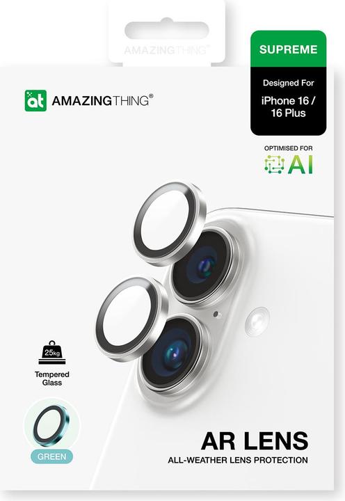 Immagine prodotto Amazingthing AR Aluminium 2 Linsenglas mit Kameralinsenrahmen für iPhone 16 / 16 Plus - Grün (1 Pezzo/i, Apple iPhone 16)