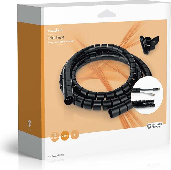 Nedis Kabelmanagement | Spiralhülse | 2.00 m | 1 Stück | max. Kabeldicke: 28 mm | PE | Schwarz (Kabelschlauch, 200 cm)