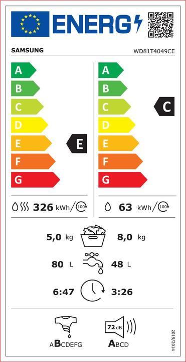 Energie-Label Samsung WD81T4049CE/EG Waschtrockner Freistehend Frontlader, E