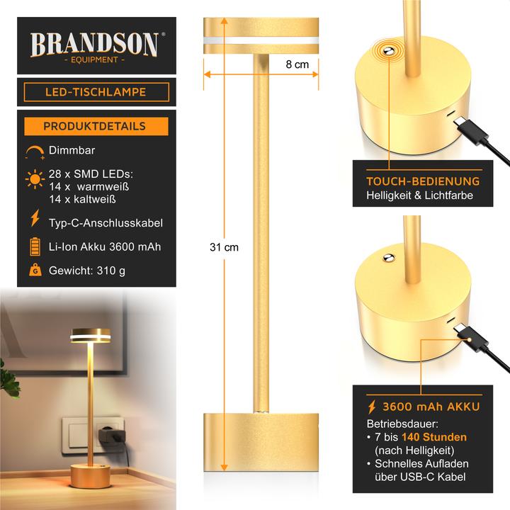Actual product image Bearware Tischleuchte dimmbar, LED Tischlampe, 3 Lichtfarben, Akku, Helligkeitsstufen, kabellos, Gold