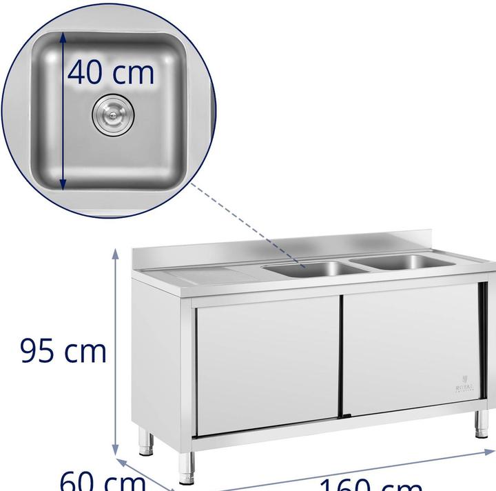 Image du produit Royal Catering Plonge inox sur meuble - 2 bacs - - Acier inoxydable - 400 x 400 x 250 mm