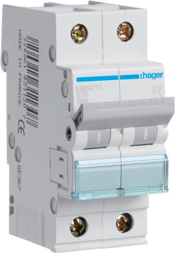 Hager MBN210. Anzahl der Pole: 2P. AC Eingangsfrequenz: 50/60 Hz, Nominale Stromabgabe: 10 A