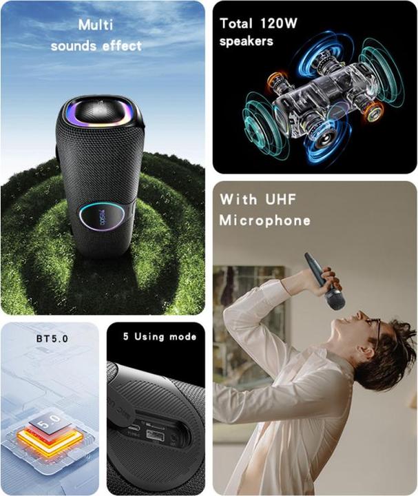 Actual product image Yesido BT Speaker YSW21 Karaoke, 120W, RGB, Waterproof, Black