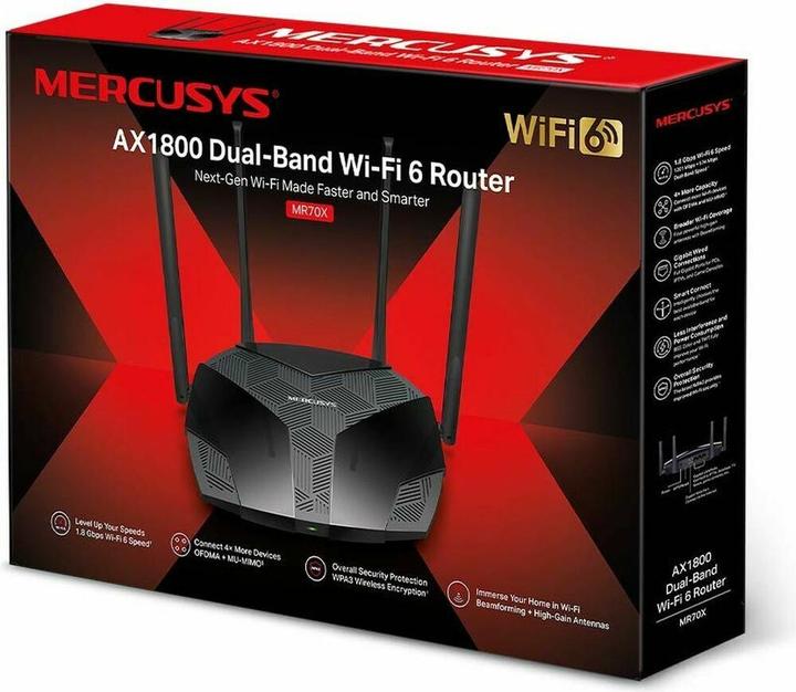 Productafbeelding Mercusys ROUTER WIFI 6 AX1800 DB 1201MBPS + 574 MBPS 3P LAN 1P WAN 4 ANTENNE
