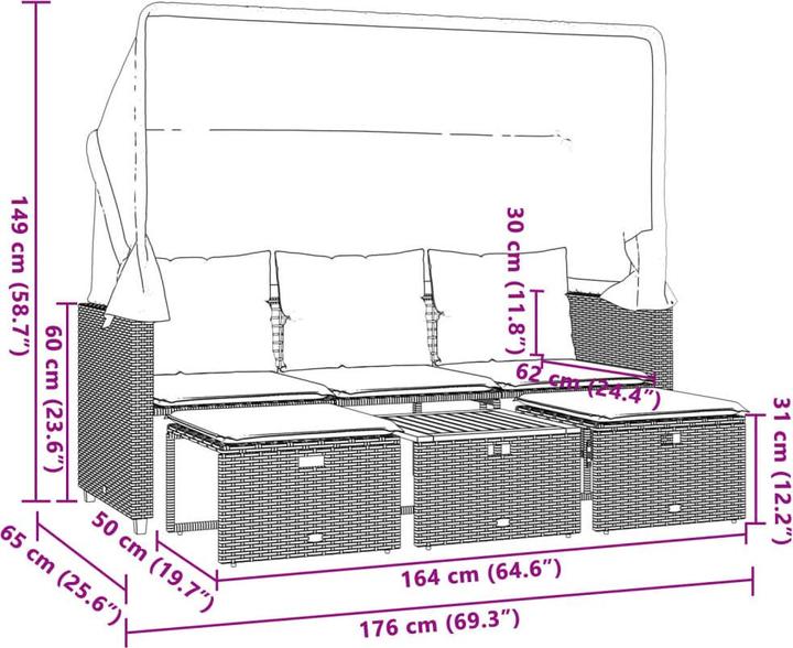 Produktbild vidaXL Outdoor-Sofa 3-Sitzer mit Dach und Hockern