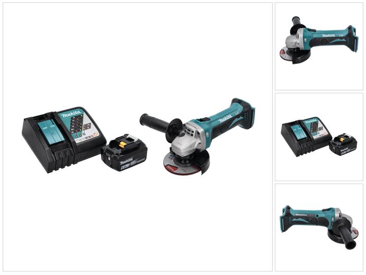 1x Makita DGA 452 Akku Winkelschleifer, 1x Schutzhaube, 1x Seitengriff, 1x Montageschlüsse, 1x Makita BL 1860 B 18 V 6,0 Ah Akku ( 197422-4 ), 1x Makita DC 18 RC Ladegerät ( 195584-2 )