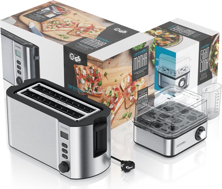 Actual product image Arendo Breakfast set, 4-slice long slot toaster with bun rack & egg cooker for 8 eggs, silver