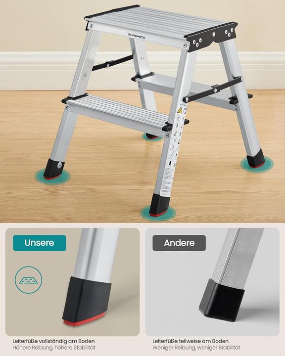 Produktbild Songmics Klappbare Aluleiter mit 2 Stufen, bis 150 kg belastbar (Trittleiter, 38 cm)