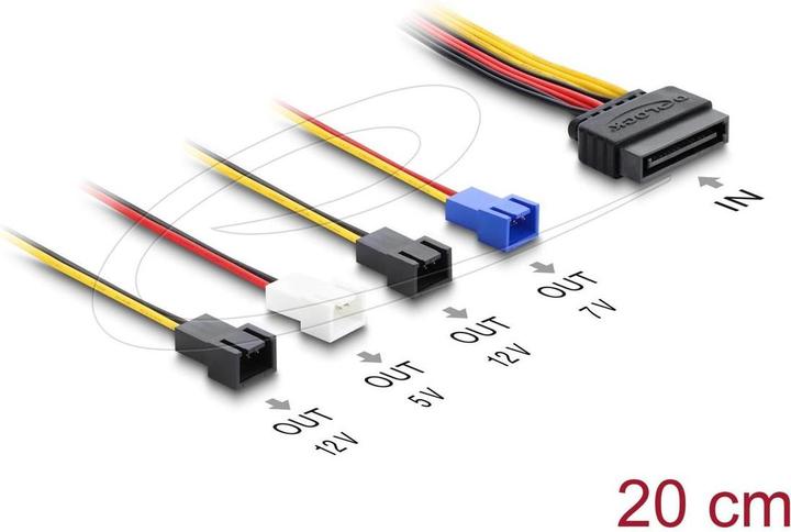 Produktbild Delock Stromversorgungskabel SATA 15 Pin Stecker zu 4 x 2 Pin Lüfter (12 V / 7 V / 5 V) 20 cm (20 cm)