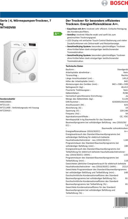 Actual product image Bosch Hausgeräte WTH83V00 (7 kg, Right)