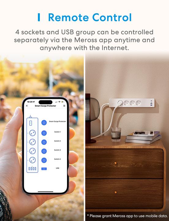 Produktbild Meross MSP844(EU) smart fast charging power strip, 4 outlets + 2x USB-A + 2x USB-C (Matter) (4x, CEE 7/3, USB-A, USB-C, 1.50 m)