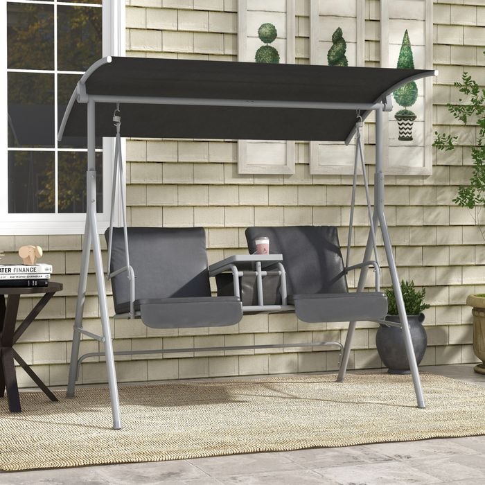 Actual product image Swisshandel24 Hollywoodschaukel 2-Sitzer mit Tablett, bis 180 kg Belastbar, Balkon, Schwarz