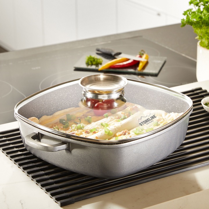 Produktbild Stoneline Eckpfanne 32x32 cm mit Aroma Glasdeckel, Pfanne rechteckig, Backofen, Induktion geeignet (32 cm, Pfannenset + Topfset, Aluminium)