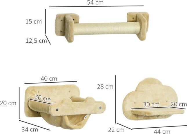 Immagine prodotto Swisshandel24 Parete di arrampicata per gatti 5 pezzi con scale, 2 tiragraffi, piattaforme, amaca, peluche (Beige)