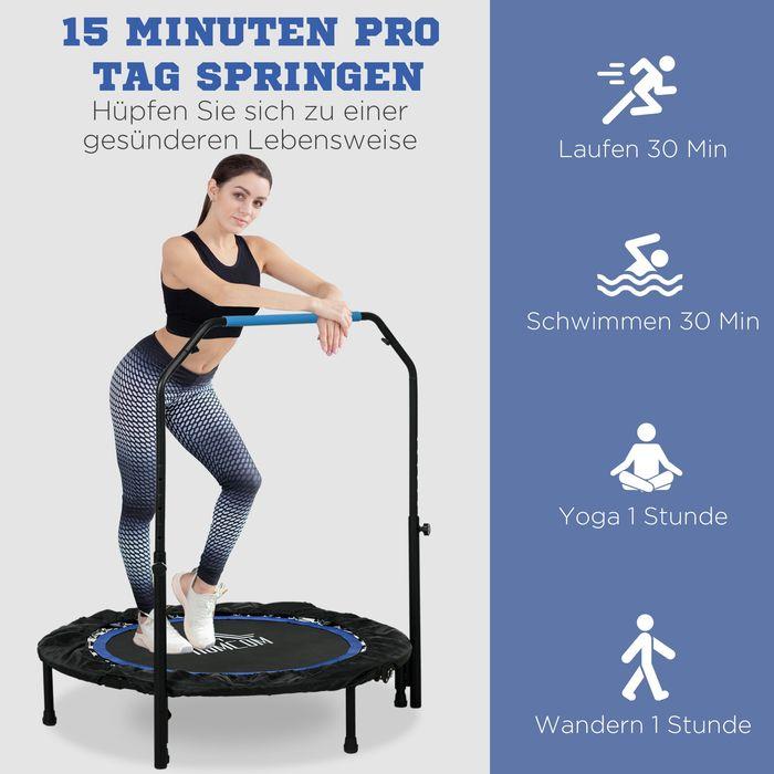 Immagine prodotto Swisshandel24 Fitnesstrampolin, klappbar, verstellbarer Haltegriff, Ø102x123H cm, bis 100 kg, Schwarz/Blau (102 cm)