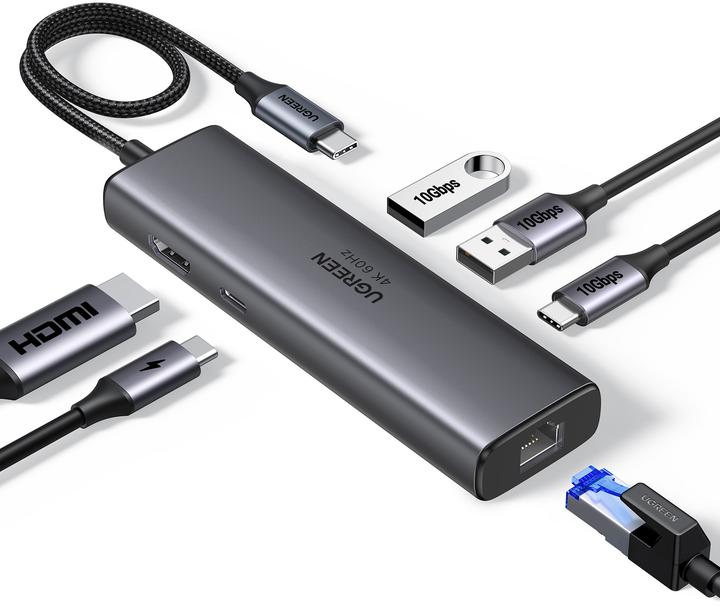 Produktbild Ugreen HUB 6EN1 USB-C A HDMI+2XUSB-A+USB-C+RJ45+PD (USB-C, 6 Ports)