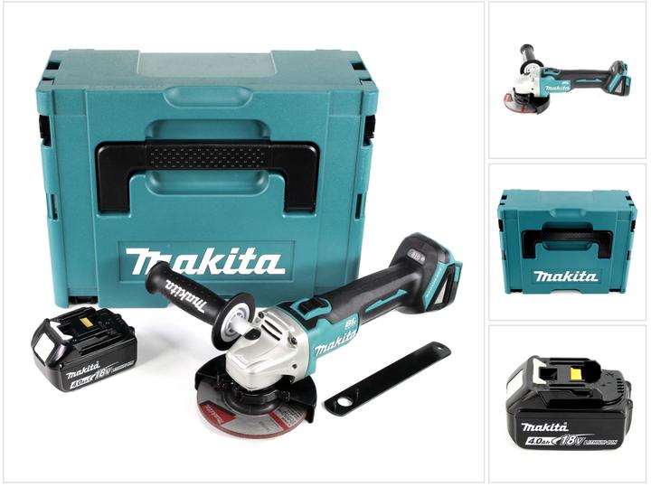 1x Makita DGA 504 18 V Li-Ion cordless angle grinder, 1x Makita BL 1840 B 4.0 Ah battery, 1x Makita 125mm grinding disc A-80656- 1x assembly tool, 1x additional handle, 1x Makpac incl. universal insert