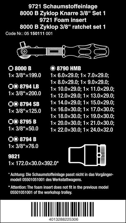 Produktbild Wera 9721 Schaumstoffeinlage 8000 B Zyklop Set 1 (24 mm)