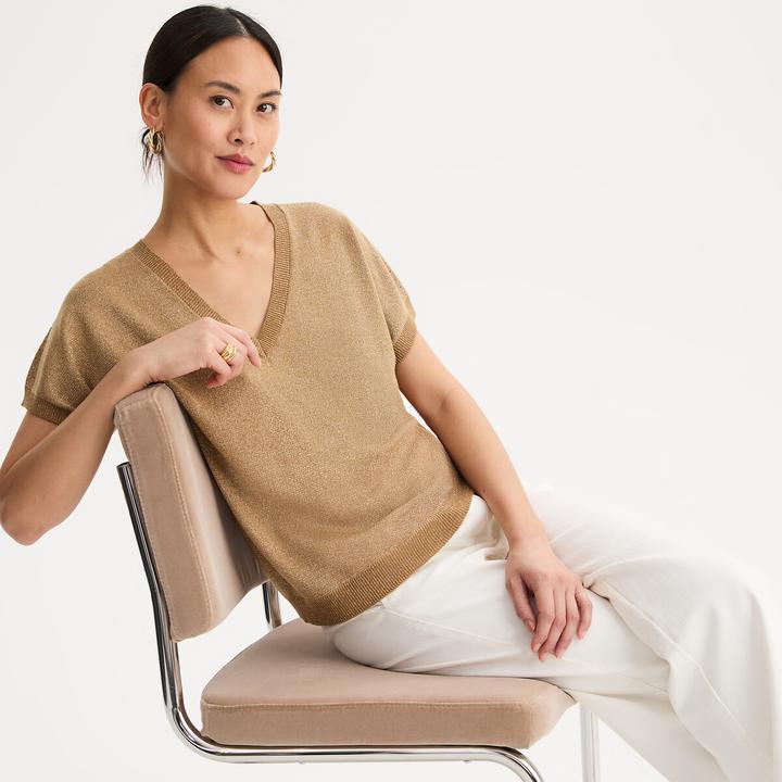 Produktbild Anne Weyburn Pullover mit V-Ausschnitt und kurzen Ärmeln aus irisierender Feinstrickware (M)