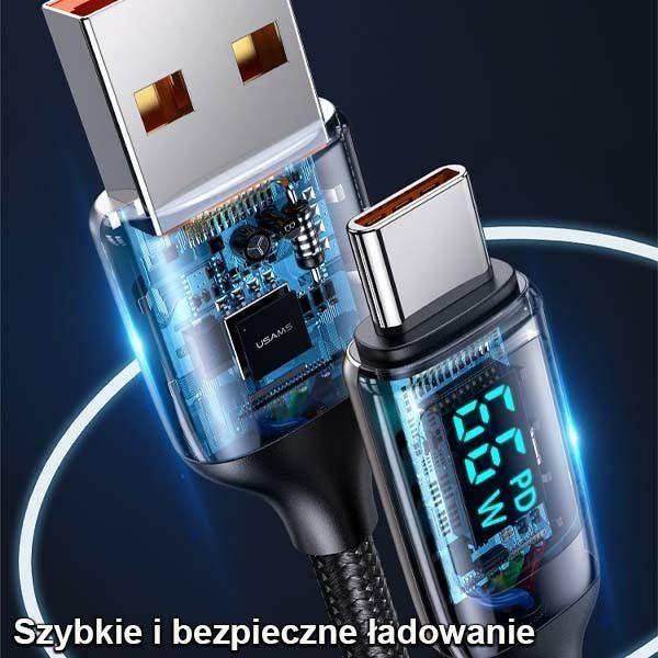 Actual product image Usams Cable pleciony U78 USB-C 1.2m LED 6A Fast Charging czarny/black SJ544USB01 (US-SJ544) (1.20 m, USB 2.0, 66 W)