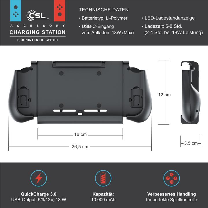 Image du produit CSL Boîtier de batterie Nintendo Switch 10000mAh, powerbank pour manette avec grips Joy-Con, chargeur (Switch)