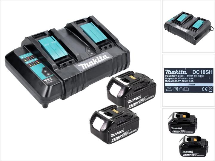 1x Makita DC 18 SH double charger 2x 14.4 V 2x 18 V ( 36 V ) LXT ( 199687-4 ), 2x Makita BL 1840 B 18 V 4.0 Ah battery ( 197265-4 )