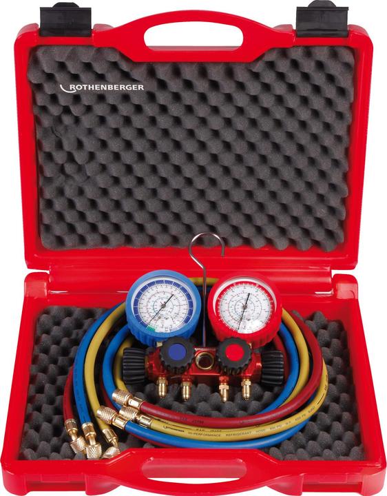 Produktbild Rothenberger Analoges 4-Wege-Manometer-Set, inkl. Schläuche mit Kugelhahn für R410A und R32.
