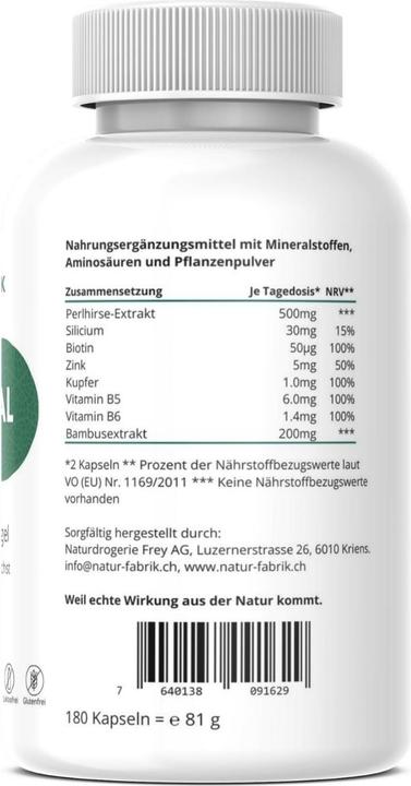 Nutritional values and ingredients Naturfabrik Haarvital Kapseln 180 Stk (180 Piece)