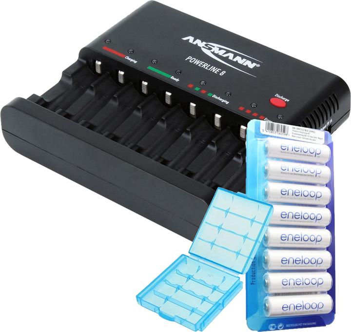 Panasonic Eneloop 8 Stück AA Mignon Akkus und Ansmann Powerline 8 Ladegerät (8 Stk., AA)