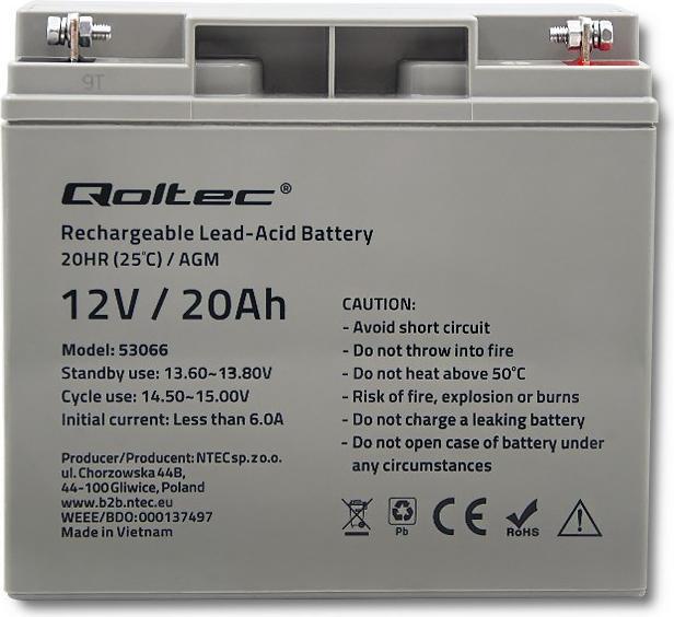 Actual product image Qoltec 53066 AGM battery 12V 20Ah max. 300A