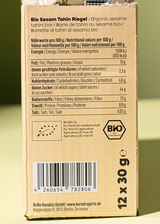 Valeurs nutritives et ingrédients KoRo Barre de sésame tahin bio (12 pcs, 360 g)