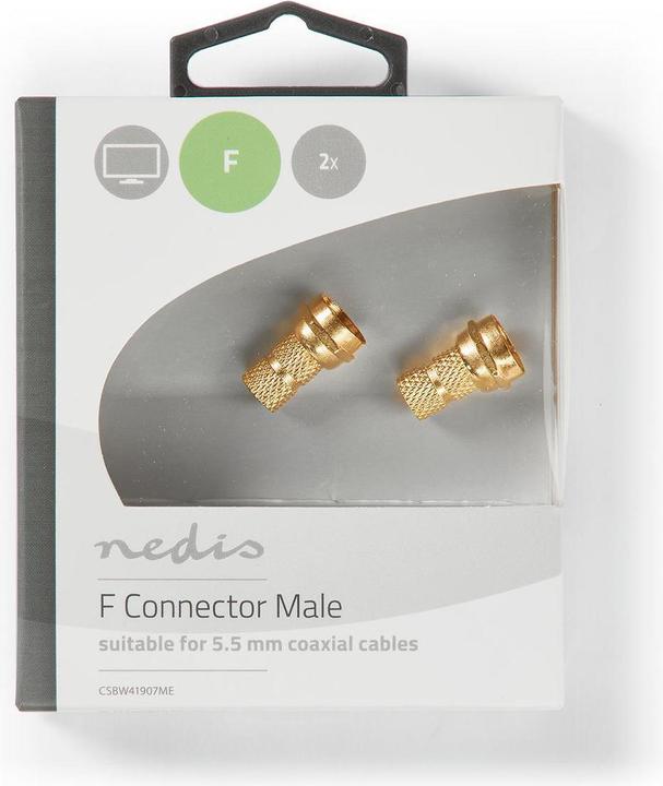 Image du produit Nedis F-plug straight plug Plaqué or 75 Ohm Twist-on Diamètre d'entrée de câble : 5,5 mm Cuivre Met (75 dB, Fiches et connecteurs)