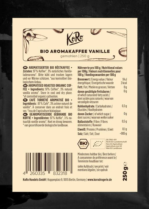 Nährwerte und Zutaten KoRo Gerösteter Bio-Kaffee mit Vanille-Aroma, gemahlen (250 g)